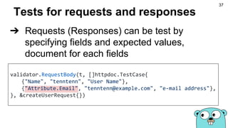 Tests for requests and responses
➔ Requests (Responses) can be test by
specifying fields and expected values,
document for each fields
validator.RequestBody(t, []httpdoc.TestCase{
{"Name", "tenntenn", "User Name"},
{"Attribute.Email", "tenntenn@example.com", "e-mail address"},
}, &createUserRequest{})
37
 