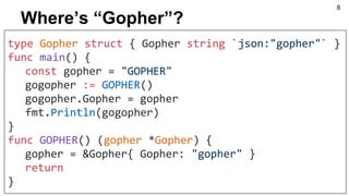 Where’s “Gopher”?
type Gopher struct { Gopher string `json:"gopher"` }
func main() {
const gopher = "GOPHER"
gogopher := GOPHER()
gogopher.Gopher = gopher
fmt.Println(gogopher)
}
func GOPHER() (gopher *Gopher) {
gopher = &Gopher{ Gopher: "gopher" }
return
}
8
 