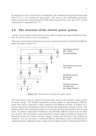 5
In proportion to the total electricity consumption, the communication group has decreased
from 7.4 % to 1.6 % during the same period. The losses on the transmission and distri-
bution systems have during the period 1950–1995 decreased from more than 10 % of total
consumption to approximately 7 %.
2.2 The structure of the electric power system
A power system consists of generation sources which via power lines and transformers trans-
mits the electric power to the end consumers.
The power system between the generation sources and end consumers is divided into diﬀerent
parts according to Figure 2.3.
Transmission network
400 – 200 kV
(Svenska Kraftnät)
Sub-transmission network
130 – 40 kV
Distribution network
primary part
40 – 10 kV
Distribution network
secondary part
low voltage 230/400 V
Figure 2.3. The structure of the electric power system
The transmission network, connects the main power sources and transmits a large amount
of electric energy. The Swedish transmission system consists of approximately 15250 km
power lines, and is connected to other countries on 23 diﬀerent locations. In Figure 2.4, a
general map of the transmission system in Sweden and neighboring countries is given. The
primary task for the transmission system is to transmit energy from generation areas to load
areas. To achieve a high degree of eﬃciency and reliability, diﬀerent aspects must be taken
into account. The transmission system should for instance make it possible to optimize the
generation within the country and also support trading with electricity with neighboring
countries. It is also necessary to withstand diﬀerent disturbances such as disconnection of
transmission lines, lightning storms, outage of power plants as well as unexpected growth in
 