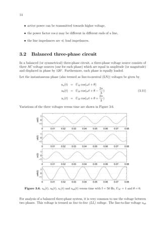 14
• active power can be transmitted towards higher voltage,
• the power factor cos φ may be diﬀerent in diﬀerent ends of a line,
• the line impedances are load impedances.
3.2 Balanced three-phase circuit
In a balanced (or symmetrical) three-phase circuit, a three-phase voltage source consists of
three AC voltage sources (one for each phase) which are equal in amplitude (or magnitude)
and displaced in phase by 120◦
. Furthermore, each phase is equally loaded.
Let the instantaneous phase (also termed as line-to-neutral (LN)) voltages be given by
ua(t) = UM cos(ωt + θ)
ub(t) = UM cos(ωt + θ −
2π
3
) (3.11)
uc(t) = UM cos(ωt + θ +
2π
3
)
Variations of the three voltages versus time are shown in Figure 3.6.
0 0.01 0.02 0.03 0.04 0.05 0.06 0.07 0.08
−1
0
1
ua(t)
0 0.01 0.02 0.03 0.04 0.05 0.06 0.07 0.08
−1
0
1
ub(t)
0 0.01 0.02 0.03 0.04 0.05 0.06 0.07 0.08
−1
0
1
uc(t)
0 0.01 0.02 0.03 0.04 0.05 0.06 0.07 0.08
−1
0
1
uab(t)
Figure 3.6. ua(t), ub(t), uc(t) and uab(t) versus time with f = 50 Hz, UM = 1 and θ = 0.
For analysis of a balanced three-phase system, it is very common to use the voltage between
two phases. This voltage is termed as line-to-line (LL) voltage. The line-to-line voltage uab
 