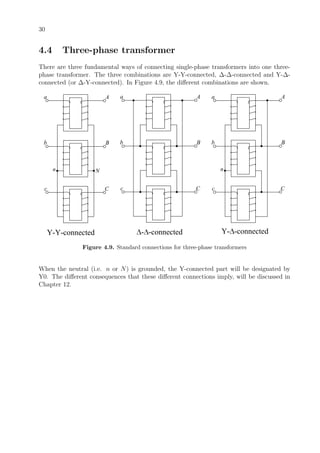 30
4.4 Three-phase transformer
There are three fundamental ways of connecting single-phase transformers into one three-
phase transformer. The three combinations are Y-Y-connected, ∆-∆-connected and Y-∆-
connected (or ∆-Y-connected). In Figure 4.9, the diﬀerent combinations are shown.
a
b
c
n N
A
B
C
a
b
c
A
B
C
a
b
c
n
A
B
C
Y-Y-connected Y- -connected- -connected
Figure 4.9. Standard connections for three-phase transformers
When the neutral (i.e. n or N) is grounded, the Y-connected part will be designated by
Y0. The diﬀerent consequences that these diﬀerent connections imply, will be discussed in
Chapter 12.
 