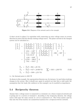 37
2I
~
~ 2U−
1U
2U
3U
3I
0I 4I
4U
1I
LZ
0U
LZ
0LZ
aZ
bZ
cZ
LZ
Figure 5.5. Diagram of the network used in the example.
A short circuit in phase 2 is equivalent with connecting an extra voltage source in reverse
direction in series with the already existing voltage source. The phase currents in the changed
system can be calculated as :


I1
I2
I3

 =


Z11Z12Z13
Z21Z22Z23
Z31Z32Z33


−1 

U1
U2
U3

 +


Z11Z12Z13
Z21Z22Z23
Z31Z32Z33


−1 

0
−U2
0

 =
=


4.58 − 4.39◦
11.5 − 123.6◦
8.31 111.3◦

 +


Z11Z12Z13
Z21Z22Z23
Z31Z32Z33


−1 

0
−220 − 120◦
0

 =
=


4.34 − 9.09◦
0.719 − 100.9◦
7.94 − 116.5◦

 A (5.22)
Sza = ZaI2
1 = 904 + j91 VA
Szb = ZbI2
2 = 8.27 + j0.830 VA = 2421 + j243 VA (5.23)
Szc = ZcI2
3 = 1509 + j151 VA
i.e. the thermal power is 2421 W
As shown in this example, the superposition theorem can, for instance, be used when studying
changes in the system. But it should once again be pointed out that this is valid under the
assumption that the loads (the radiators in this example) can be modeled as impedances.
5.4 Reciprocity theorem
Assume that a voltage source is connected to a terminal a in a linear reciprocal network and
is giving rise to a current at terminal b. According to the reciprocity theorem, the voltage
source will cause the same current at a if it is connected to b. The Y-bus matrix (and by
that also the Z-bus matrix) are symmetrical matrices for a reciprocal electric network.
 