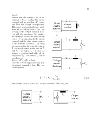 39
Proof :
Assume that the voltage at an output
terminal is UTh. Loading the output
terminal with an impedance Zk, a cur-
rent I will ﬂow through the impedance.
This connection is similar to have a net-
work with a voltage source UTh con-
necting to the output terminal in se-
ries with the impedance Zk, together
with having a network with the voltage
source −UTh connecting to the output
terminal and the other voltage sources
in the network shortened. By using
the superposition theorem, the current
I can be calculated as the sum of I1
and I2. The current I1 = 0 since the
voltage is equal on both sides of the
impedance Zk. The current I2 can be
calculated as
I2 = −(−UTh)/(Zk + ZTh)
since the network impedance seen from
the output terminal is ZTh. The con-
clusion is that
~
I
ThU
kZ
Linear
electric
network
=
Linear
electric
network
1I
+
~ ThU−
Voltage
sources
shortened
2I
kZ
kZ
Output
terminal
I = I1 + I2 =
UTh
Zk + ZTh
(5.27)
which is the same as stated by Th´evenin-Helmholtz’s theorem, viz.
~ThU
Linear
electric
network
=
ThZ
ThU
Output
terminal
 