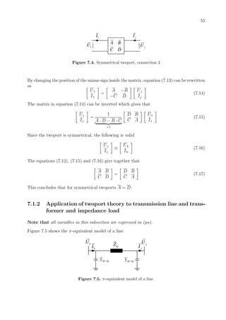 55
1U
A B
C D
jI1I
jU
Figure 7.4. Symmetrical twoport, connection 2
By changing the position of the minus sign inside the matrix, equation (7.13) can be rewritten
as
U1
I1
=
A −B
−C D
Uj
Ij
(7.14)
The matrix in equation (7.14) can be inverted which gives that
Uj
Ij
=
1
A · D − B · C
=1
D B
C A
U1
I1
(7.15)
Since the twoport is symmetrical, the following is valid
Uj
Ij
≡
Uk
Ik
(7.16)
The equations (7.12), (7.15) and (7.16) give together that
A B
C D
=
D B
C A
(7.17)
This concludes that for symmetrical twoports A = D.
7.1.2 Application of twoport theory to transmission line and trans-
former and impedance load
Note that all variables in this subsection are expressed in (pu).
Figure 7.5 shows the π-equivalent model of a line.
kU
kjZ jU
kI jI
sh kjy − sh kjy −
Figure 7.5. π-equivalent model of a line.
 