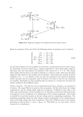 80
1 1G GP jQ+
1 1U θ∠
~
~
2 2G GP jQ+
1 1LD LDP jQ+
3 3LD LDP jQ+
3 3U θ∠
2 2U θ∠
12 12P jQ+
21 21P jQ+
23 23P jQ+
32 32P jQ+
13 13P jQ+
31 31P jQ+
1
2
3
Figure 8.5. Single-line diagram of a balanced three-bus power system.
Based on equations (8.18) and (8.19), the following system of equations can be obtained.



PG1 = P12 + P13
QG1 = Q12 + Q13
PG2 − PLD2 = P21 + P23
QG2 − QLD2 = Q21 + Q23
−PLD3 = P31 + P32
−QLD3 = Q31 + Q32
(8.20)
At each bus in Figure 8.5, four variables are of interest: net generation of active power PGDk,
net generation of reactive power QGDk, voltage magnitude Uk and voltage phase angle θk.
This gives that the total number of variables for the system are 3 · 4 = 12. The voltage
phase angles must be given as an angle in relation to a reference angle. This since the phase
angles are only relative to one another and not absolute. This reduces the number of system
variables to 12 − 1 = 11. However, there are only six equations in the system of equations
(8.20), this gives that ﬁve quantities must be known to be able to solve for the remaining
six variables. Depending on what quantities that are known at a certain bus, the buses are
mainly modeled in three diﬀerent types.
PQ-bus, Load bus : For this bus, the net generated power PGDk and QGDk are assumed to
be known. The name PQ-bus is based on that assumption. On the other hand, the voltage
magnitude Uk and the voltage phase angle θk are unknown. A PQ-bus is most often a bus
with a pure load demand, as bus 3 in Figure 8.5. It represents a system bus where the power
consumption can be considered to be independent of the voltage magnitude. This model
is suitable for a load bus located on the low voltage side of a regulating transformer. The
regulating transformer keeps the load voltage constant independent of the voltage ﬂuctua-
tions on the high voltage side of the transformer. Note that a PQ-bus can be a bus without
generation as well as load, i.e. PGDk = QGDk = 0. This holds e.g. at a bus where a line is
connected to a transformer.
 