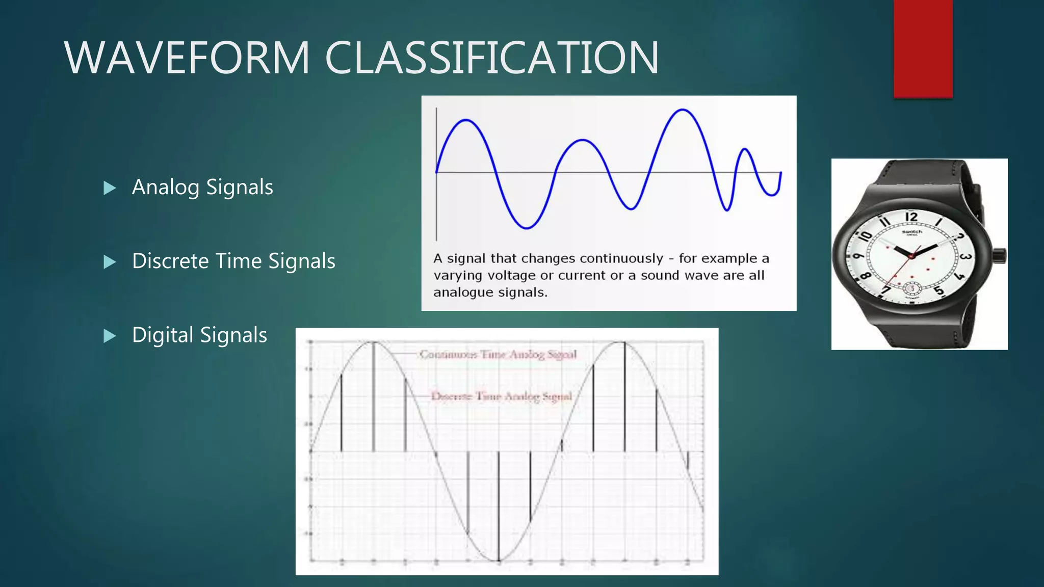 WAVEFORM CLASSIFICATION
 Analog Signals
 Discrete Time Signals
 Digital Signals
 