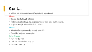 Cont…
• Initially, the direction and sense of some forces are unknown.
Link 4:
• Assume that the force F is known.
• To know other two forces the direction of one or more force must be known.
• F14 passes through the intersection of F and F34 .
Link 3:
• It is a two force member (F23,F43) acts along BC.
• F43 and F34 are equal and opposite.
Force Triangle:
• F43 = F34 = F23 = F32
• Link 2 in equilibrium if F12 = F32
• T = F12 x h = F32 x h
 