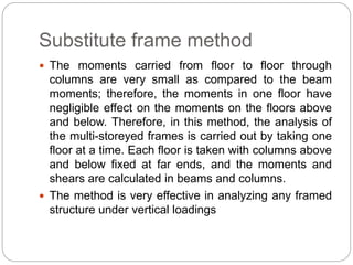 Substitute frame method
 The moments carried from floor to floor through
columns are very small as compared to the beam
moments; therefore, the moments in one floor have
negligible effect on the moments on the floors above
and below. Therefore, in this method, the analysis of
the multi-storeyed frames is carried out by taking one
floor at a time. Each floor is taken with columns above
and below fixed at far ends, and the moments and
shears are calculated in beams and columns.
 The method is very effective in analyzing any framed
structure under vertical loadings
 
