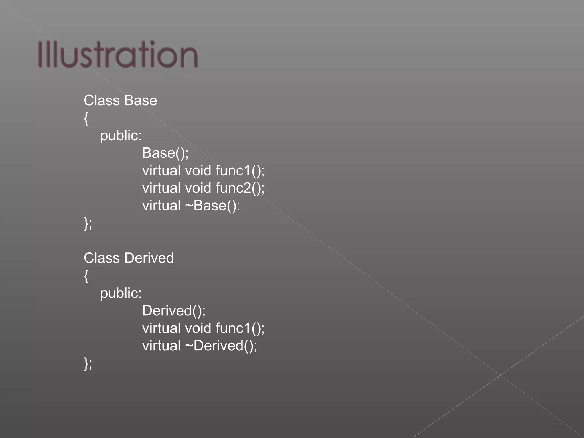 Class Base
{
public:
Base();
virtual void func1();
virtual void func2();
virtual ~Base():
};
Class Derived
{
public:
Derived();
virtual void func1();
virtual ~Derived();
};
 