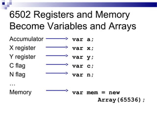 6502 Registers and Memory
Become Variables and Arrays
Accumulator
X register
Y register
C flag
N flag
…
Memory
var a;
var x;
var y;
var c;
var n;
var mem = new
Array(65536);
 