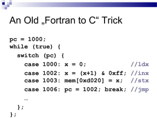 An Old „Fortran to C“ Trick
pc = 1000;
while (true) {
switch (pc) {
case 1000: x = 0; //ldx
case 1002: x = (x+1) & 0xff; //inx
case 1003: mem[0xd020] = x; //stx
case 1006: pc = 1002; break; //jmp
…
};
};
 