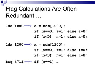 Flag Calculations Are Often
Redundant …
lda 1000 a = mem[1000];
if (a==0) z=1; else z=0;
if (a<0) n=1; else n=0;
ldx 1200 x = mem[1200];
if (x==0) z=1; else z=0;
if (x<0) n=1; else n=0;
beq 4711 if (z==1) …
 