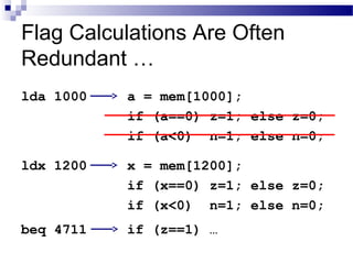 Flag Calculations Are Often
Redundant …
lda 1000 a = mem[1000];
if (a==0) z=1; else z=0;
if (a<0) n=1; else n=0;
ldx 1200 x = mem[1200];
if (x==0) z=1; else z=0;
if (x<0) n=1; else n=0;
beq 4711 if (z==1) …
 