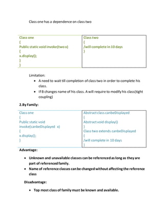 Class one has a dependence on class two
Class one
{
Public static voidinvoke(twox)
{
x.display();
}
}
Class two
{
/will complete in10 days
}
Limitation:
 A need to wait till completion of class two in order to complete his
class.
 If B changes name of his class. A will require to modify his class(tight
coupling)
2.By Family:
Class one
{
Public static void
invoke(canbeDisplayed x)
{
x.display();
}
Abstractclass canbeDisplayed
{
Abstractvoid display()
}
Class two extends canbeDisplayed
{
/will complete in 10 days
}
Advantage:
 Unknown and unavailable classes canbe referencedas long as they are
part of referencedfamily.
 Name of referenceclasses canbe changedwithout affecting the reference
class
Disadvantage:
 Top most class of family must be known and available.
 