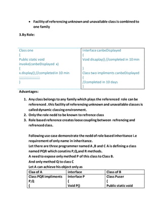  Facility of referencing unknownand unavailable class is combinedto
one family
3.By Role:
Class one
{
Public static void
invoke(canbeDisplayed x)
{
x.display();//completed in 10 min
;;;;;;;;;;;;;;;;;;;;;
}
InterfacecanbeDisplayed
{
Void disaplay() //completed in 10 min
}
Class two impliments canbeDisplayed
{
//completed in 10 days
}
Advantages:
1. Any class belongs toany family which plays the referenced role canbe
referenced. this facility of referencing unknownand unavailable classes is
calleddynamic classing environment.
2. Only the role nedd to be known torefrence class
3. Role basedreference creates loosecoupling between refrencing and
refrencedclass.
Following use case demonstrate the neddof role basedinheritance i.e
requirement of only name in inheritance.
Let there are three programmer namedA ,B and C A is defining a class
named PQR whichconatins P,Q,and R methods.
A needtoexpose only method P of this class toClass B.
And only method Q toclass C
Let A can achieve his object only as
Claa of A interface Class of B
Class PQR impliments
P,Q
{
Interface P
{
Void P()
Class Puser
{
Public static void
 