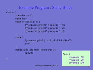 Example Program : Static Block
class A {
         static int x = 10;
         static int y;
         static void call( int p) {
                   System .out. println(“ x value is :”+x);
                   System .out .println(“ y value is :”+y);
                   System .out .println(“ p value is :”+p);
         }
         static {
                   System.out.println(“ static block initialized”);
                    y=a*2;
         }
         public static void main (String args[]) {
                   call(30);
                                                         Output
         }                                                      x value is : 10
}                                                               y value is : 20
                                                                p value is : 30
                            http://improvejava.blogspot.in
                                                                                  6
 