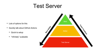 Test Server
• Lots of options for this
• Quickly talk about GitHub Actions
• Quick to setup
• “Infinitely” scaleable
Best
Test Server
Better
 