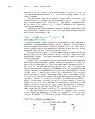 deviation of 20. Let’s make Discount revenue $3,000, instead of $2,500. So,
Discount revenue/Premium revenue = 0.3, and we are searching for the 30th per
centile of demand.
This is a one tailed look up of an “area of the standard normal distribution” table
(located at the back of the book). So one desires to look up 0.5 – 0.3 or 0.2 in the
body of the table, which yields a z score of 0.515. Applying this z score to the prob
lem data, mean = 70, std dev = 20, 70+0.515×20=80 seats should be protected
for the Premium passengers.
This approach is not limited to just two customer categories. The protection level
for each customer category can be calculated by comparing the revenue associated
with each successive customer class.
CAPACITY ALLOCATION APPROACH 3:
DYNAMIC METHODS
The previous methods describe one time decisions made in advance. However, in
many cases, a better but more complicated method is available. The probability dis
tribution used previously (uniform distribution between 51 and 100) is a forecast. But
forecasts become more accurate as the event gets closer in time, and early activity
tends to be a good predictor of what will eventually unfold.
For example, consider Table 12.3, which tracks the applications to a well known
Southern MBA program. Although only a small percentage of total applications
arrive before December 1, the amount received by that date is a good predictor of
the eventual number.
Applying that notion to yield management means that the type of analysis done
with the EMSR heuristic earlier is constantly reassessed. In Figure 12.4, if we are con
tinually forecasting demand from early reservations history, reservation activity 35
days before the event may look as though we are on the “low” demand curve for
high revenue customers. Consequently, the floodgates are opened up to lower revenue
customers. However, 30 days before the event, reservation activity looks as though a
“medium” number of high revenue customers will be forthcoming, so the protection
level for high revenue customers is increased. Finally, Figure 12.4 shows that 20 days
before the event, high revenue customer class reservation activity is such that the
entire service capacity can be taken up with high revenue customers, so all lower
revenue customer classes are cut off from further reservation activity. Of course, this
scenario can happen in reverse order as well, with more and more capacity being
allocated over time to lower revenue customer classes. Consequently, as a discount
seeking consumer, one may find a flight to be “full” one day, yet be able to get a reser
vation the next day for the same price due to this constant reevaluation.
To be done accurately, this type of nonstop capacity allocation requires immense
amounts of data regarding customer behavior. For example, Delta Air Lines forecasts
passenger demand on 16.5 million future combined flight/customer classifications
246 PA R T 4 Matching Supply and Demand
TABLE 12.3: MBA Program Applications
Number of Applications Received By:
Year December 1 June 1
1 57 852
2 89 931
3 110 1,023
 