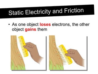As one object  loses  electrons, the other object  gains  them Static Electricity and Friction 