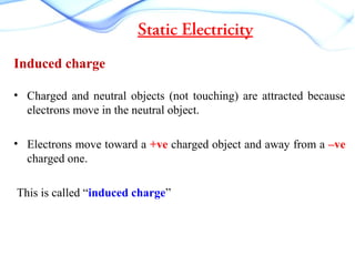 Static Electricity
Induced charge
• Charged and neutral objects (not touching) are attracted because
electrons move in the neutral object.
• Electrons move toward a +ve charged object and away from a –ve
charged one.
This is called “induced charge”
 