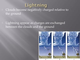   Clouds become negatively charged relative to
    the ground

   Lightning appear as charges are exchanged
    between the clouds and the ground
 