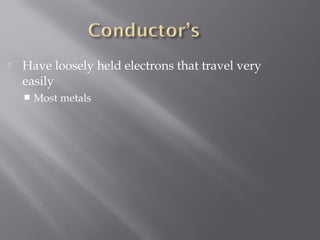    Have loosely held electrons that travel very
    easily
       Most metals
 