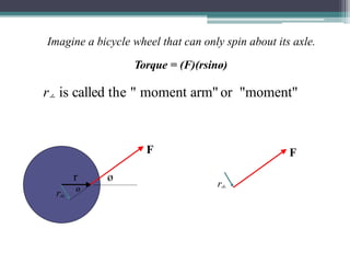 Imagine a bicycle wheel that can only spin about its axle.
Torque = (F)(rsinø)
r is called the " moment arm" or "moment"
ø
F
r
r
ø
r
F
 