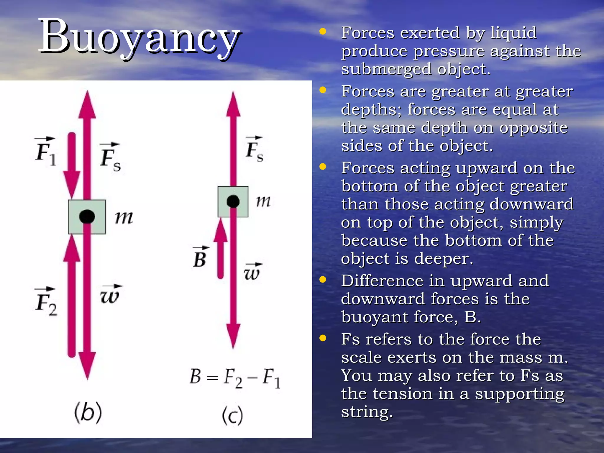 BuoyancyBuoyancy • Forces exerted by liquidForces exerted by liquid
produce pressure against theproduce pressure against the
submerged object.submerged object.
• Forces are greater at greaterForces are greater at greater
depths; forces are equal atdepths; forces are equal at
the same depth on oppositethe same depth on opposite
sides of the object.sides of the object.
• Forces acting upward on theForces acting upward on the
bottom of the object greaterbottom of the object greater
than those acting downwardthan those acting downward
on top of the object, simplyon top of the object, simply
because the bottom of thebecause the bottom of the
object is deeper.object is deeper.
• Difference in upward andDifference in upward and
downward forces is thedownward forces is the
buoyant force, B.buoyant force, B.
• Fs refers to the force theFs refers to the force the
scale exerts on the mass m.scale exerts on the mass m.
You may also refer to Fs asYou may also refer to Fs as
the tension in a supportingthe tension in a supporting
string.string.
 