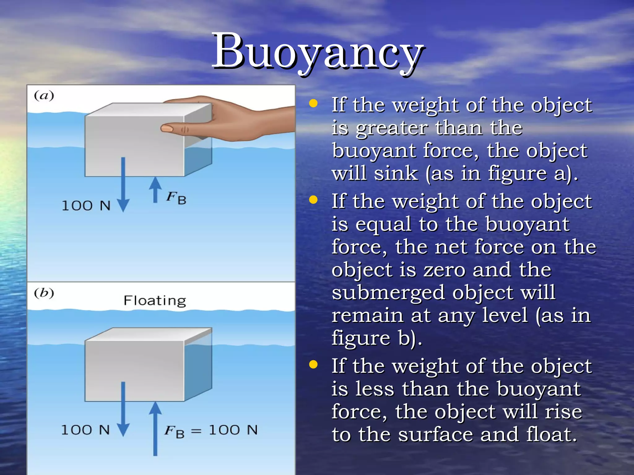 BuoyancyBuoyancy
• If the weight of the objectIf the weight of the object
is greater than theis greater than the
buoyant force, the objectbuoyant force, the object
will sink (as in figure a).will sink (as in figure a).
• If the weight of the objectIf the weight of the object
is equal to the buoyantis equal to the buoyant
force, the net force on theforce, the net force on the
object is zero and theobject is zero and the
submerged object willsubmerged object will
remain at any level (as inremain at any level (as in
figure b).figure b).
• If the weight of the objectIf the weight of the object
is less than the buoyantis less than the buoyant
force, the object will riseforce, the object will rise
to the surface and float.to the surface and float.
 