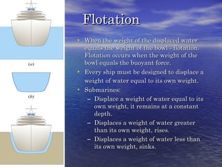 FlotationFlotation
• When the weight of the displaced waterWhen the weight of the displaced water
equals the weight of the bowl - flotation.equals the weight of the bowl - flotation.
Flotation occurs when the weight of theFlotation occurs when the weight of the
bowl equals the buoyant force.bowl equals the buoyant force.
• Every ship must be designed to displace aEvery ship must be designed to displace a
weight of water equal to its own weight.weight of water equal to its own weight.
• Submarines:Submarines:
– Displace a weight of water equal to itsDisplace a weight of water equal to its
own weight, it remains at a constantown weight, it remains at a constant
depth.depth.
– Displaces a weight of water greaterDisplaces a weight of water greater
than its own weight, rises.than its own weight, rises.
– Displaces a weight of water less thanDisplaces a weight of water less than
its own weight, sinks.its own weight, sinks.
 