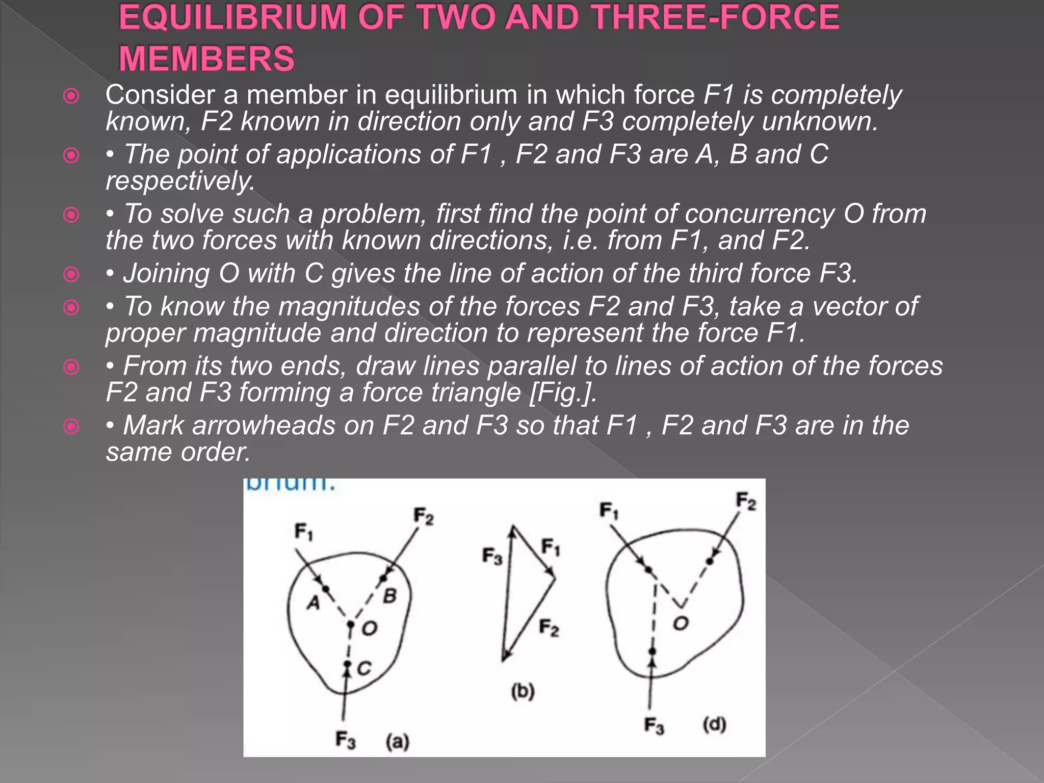  Consider a member in equilibrium in which force F1 is completely
known, F2 known in direction only and F3 completely unknown.
 • The point of applications of F1 , F2 and F3 are A, B and C
respectively.
 • To solve such a problem, first find the point of concurrency O from
the two forces with known directions, i.e. from F1, and F2.
 • Joining O with C gives the line of action of the third force F3.
 • To know the magnitudes of the forces F2 and F3, take a vector of
proper magnitude and direction to represent the force F1.
 • From its two ends, draw lines parallel to lines of action of the forces
F2 and F3 forming a force triangle [Fig.].
 • Mark arrowheads on F2 and F3 so that F1 , F2 and F3 are in the
same order.
 