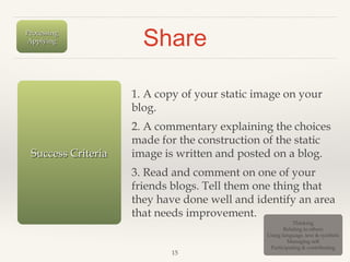 Processing
Applying

Share
1. A copy of your static image on your
blog.

Success Criteria

2. A commentary explaining the choices
made for the construction of the static
image is written and posted on a blog.
3. Read and comment on one of your
friends blogs. Tell them one thing that
they have done well and identify an area
that needs improvement.

15

Thinking
Relating to others
Using language, text & symbols
Managing self
Participating & contributing

 