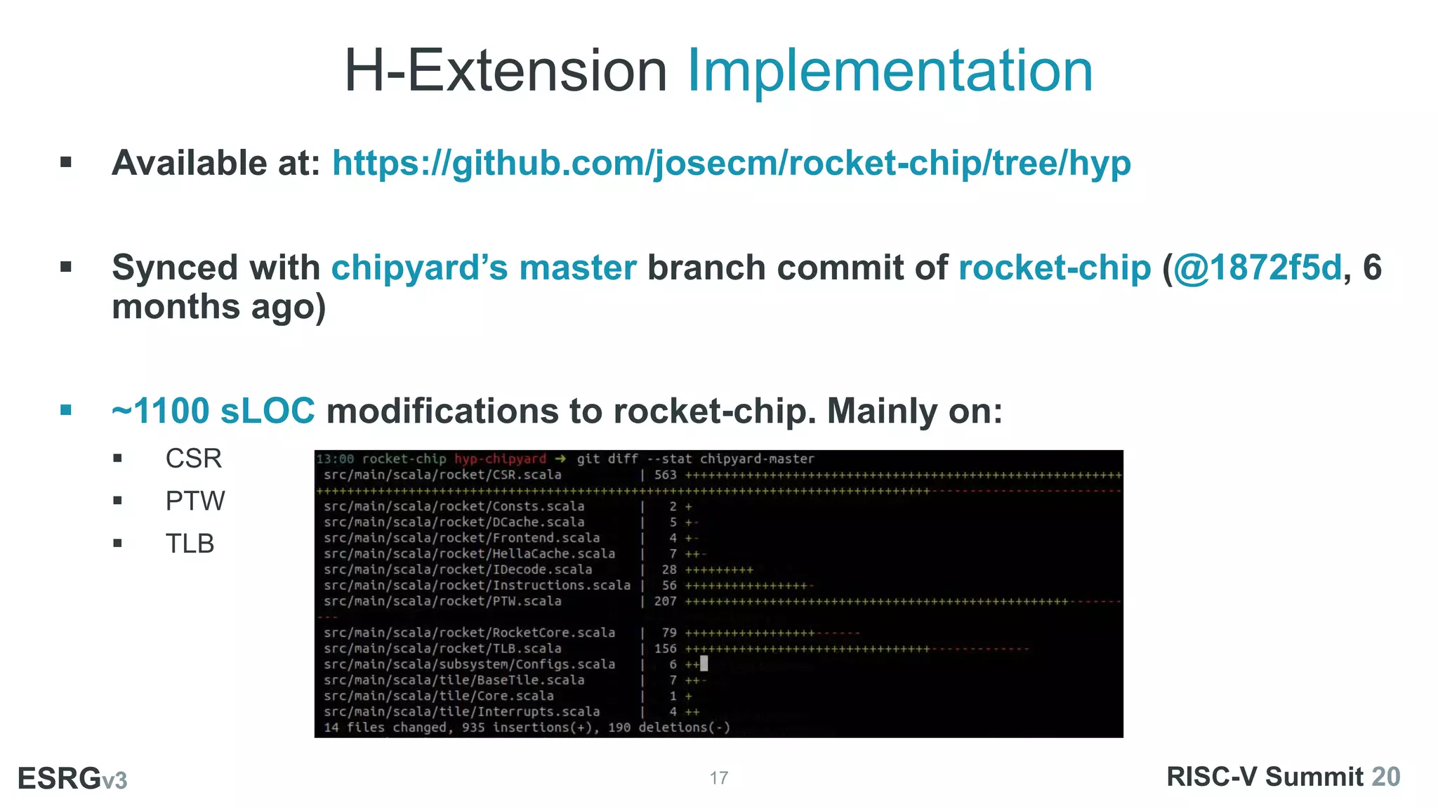 H-Extension Implementation
17
ESRGv3
01
02 03
 Available at: https://github.com/josecm/rocket-chip/tree/hyp
 Synced with chipyard’s master branch commit of rocket-chip (@1872f5d, 6
months ago)
 ~1100 sLOC modifications to rocket-chip. Mainly on:
 CSR
 PTW
 TLB
ESRGv3 RISC-V Summit 20
 