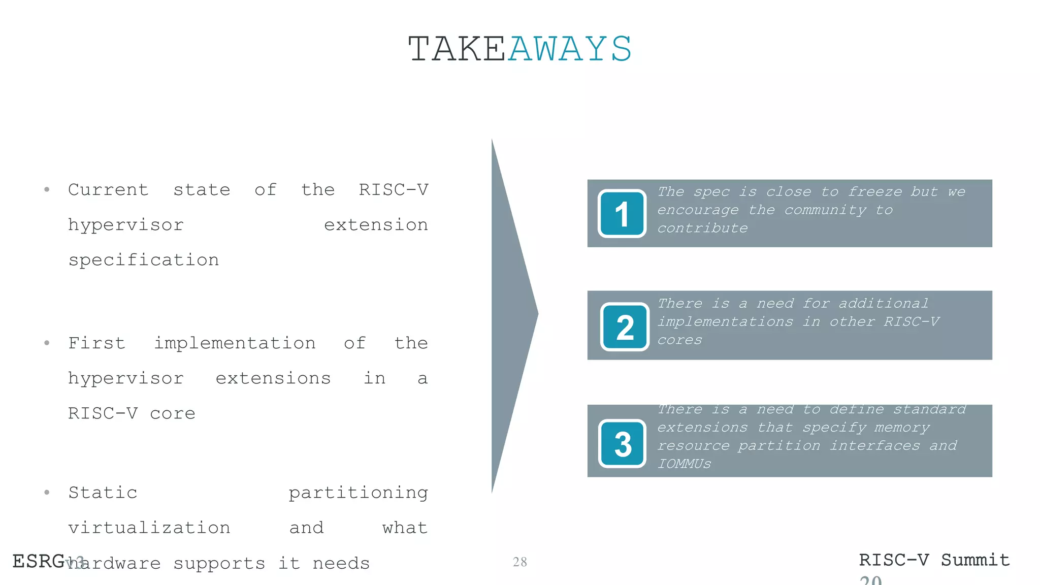 TAKEAWAYS
28
• Current state of the RISC-V
hypervisor extension
specification
• First implementation of the
hypervisor extensions in a
RISC-V core
• Static partitioning
virtualization and what
hardware supports it needs
The spec is close to freeze but we
encourage the community to
contribute
1
There is a need for additional
implementations in other RISC-V
cores
2
There is a need to define standard
extensions that specify memory
resource partition interfaces and
IOMMUs
3
ESRGv3 RISC-V Summit
 