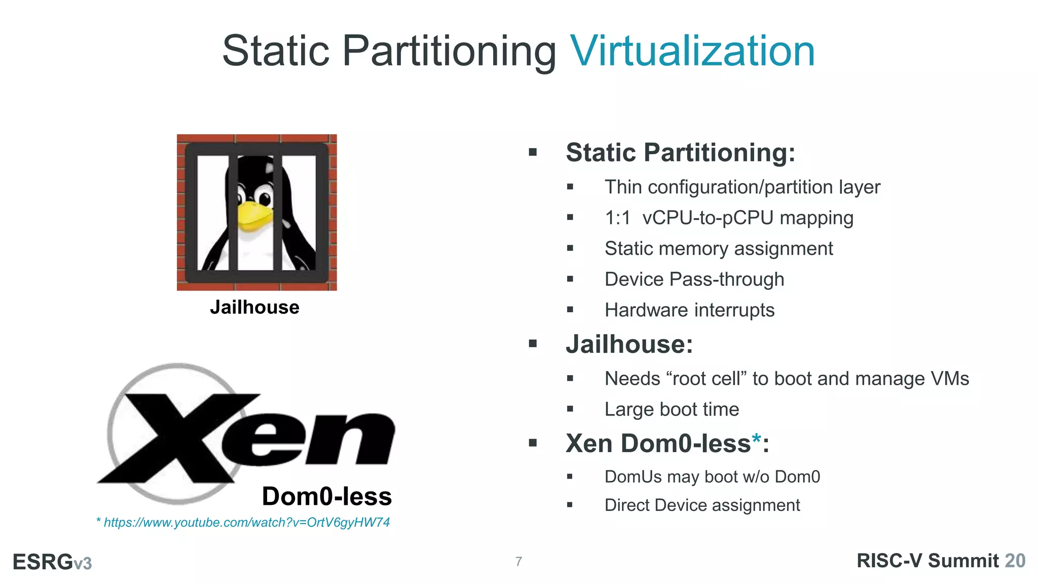 Static Partitioning Virtualization
7
ESRGv3
Jailhouse
 Static Partitioning:
 Thin configuration/partition layer
 1:1 vCPU-to-pCPU mapping
 Static memory assignment
 Device Pass-through
 Hardware interrupts
 Jailhouse:
 Needs “root cell” to boot and manage VMs
 Large boot time
 Xen Dom0-less*:
 DomUs may boot w/o Dom0
 Direct Device assignment
Dom0-less
ESRGv3 RISC-V Summit 20
* https://www.youtube.com/watch?v=OrtV6gyHW74
 