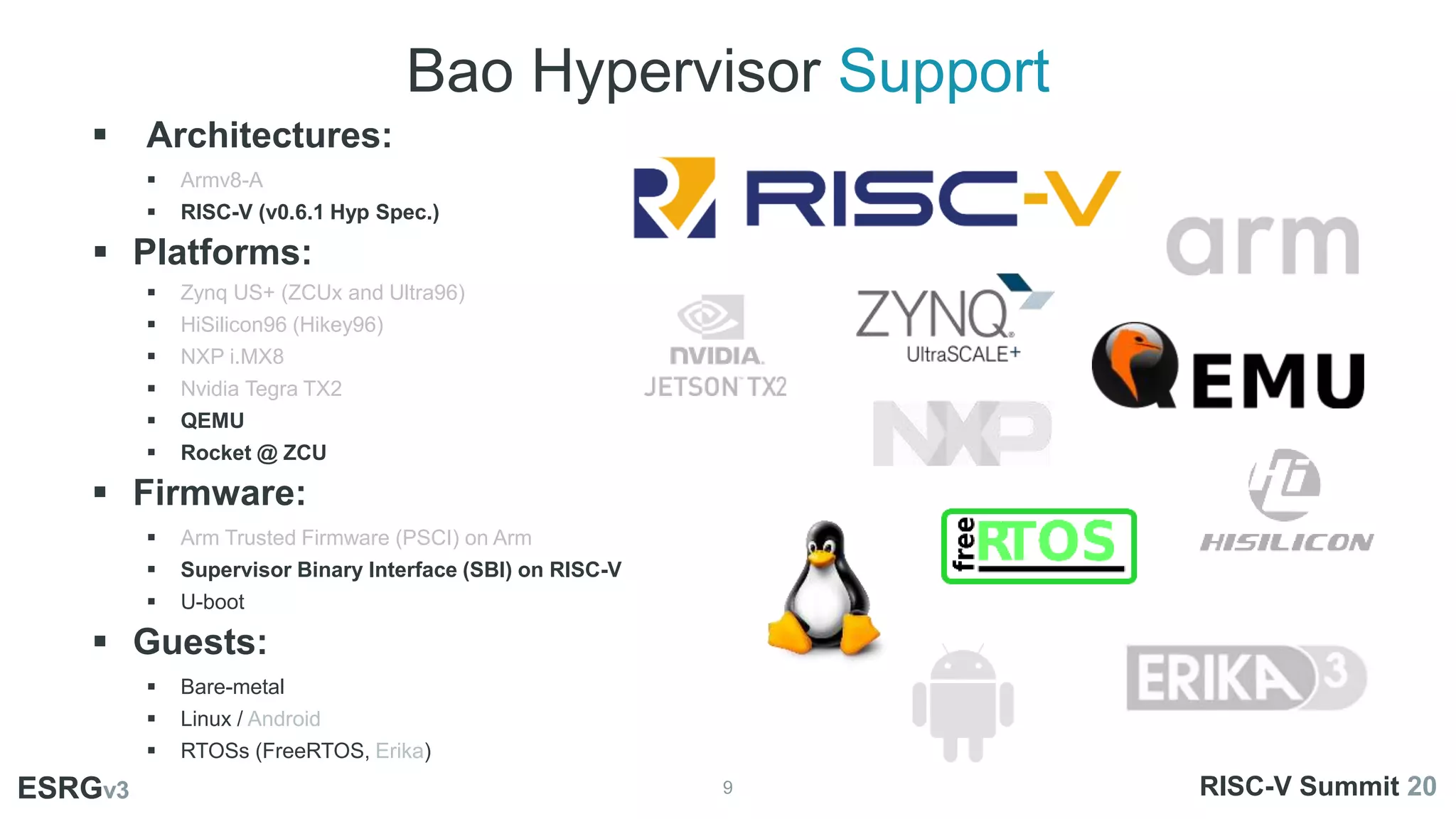 Bao Hypervisor Support
9
ESRGv3
01
03
 Architectures:
 Armv8-A
 RISC-V (v0.6.1 Hyp Spec.)
 Platforms:
 Zynq US+ (ZCUx and Ultra96)
 HiSilicon96 (Hikey96)
 NXP i.MX8
 Nvidia Tegra TX2
 QEMU
 Rocket @ ZCU
 Firmware:
 Arm Trusted Firmware (PSCI) on Arm
 Supervisor Binary Interface (SBI) on RISC-V
 U-boot
 Guests:
 Bare-metal
 Linux / Android
 RTOSs (FreeRTOS, Erika)
ESRGv3 RISC-V Summit 20
 