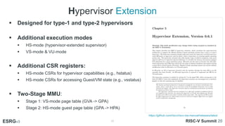 Hypervisor Extension
11
ESRGv3
 Designed for type-1 and type-2 hypervisors
 Additional execution modes
 HS-mode (hyperv...