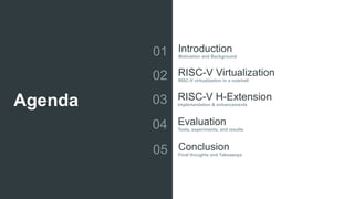 Agenda
Introduction
Motivation and Background
01
RISC-V Virtualization
RISC-V virtualization in a nutshell
02
RISC-V H-Ext...