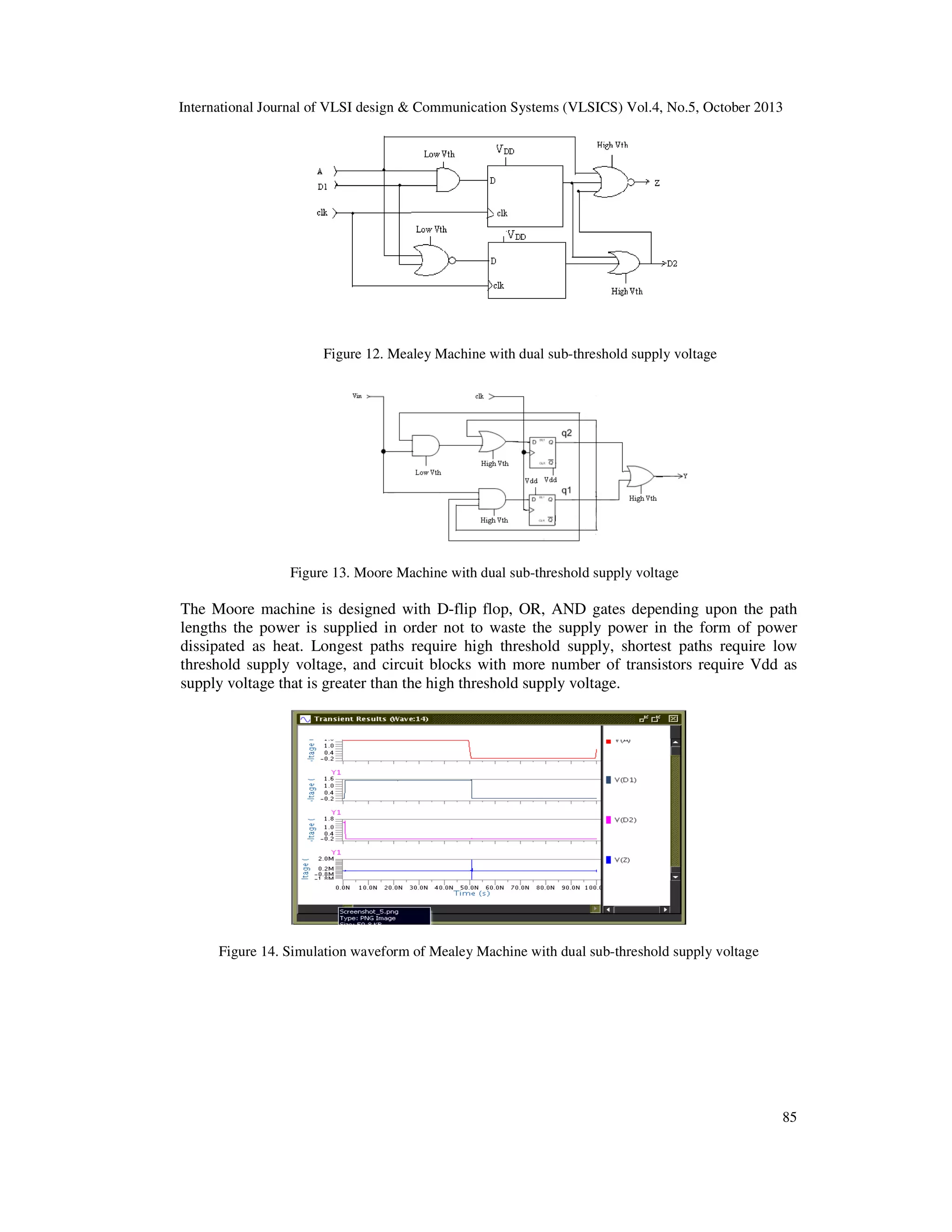International Journal of VLSI design & Communication Systems (VLSICS) Vol.4, No.5, October 2013

Figure 12. Mealey Machine with dual sub-threshold supply voltage

Figure 13. Moore Machine with dual sub-threshold supply voltage

The Moore machine is designed with D-flip flop, OR, AND gates depending upon the path
lengths the power is supplied in order not to waste the supply power in the form of power
dissipated as heat. Longest paths require high threshold supply, shortest paths require low
threshold supply voltage, and circuit blocks with more number of transistors require Vdd as
supply voltage that is greater than the high threshold supply voltage.

Figure 14. Simulation waveform of Mealey Machine with dual sub-threshold supply voltage

85

 