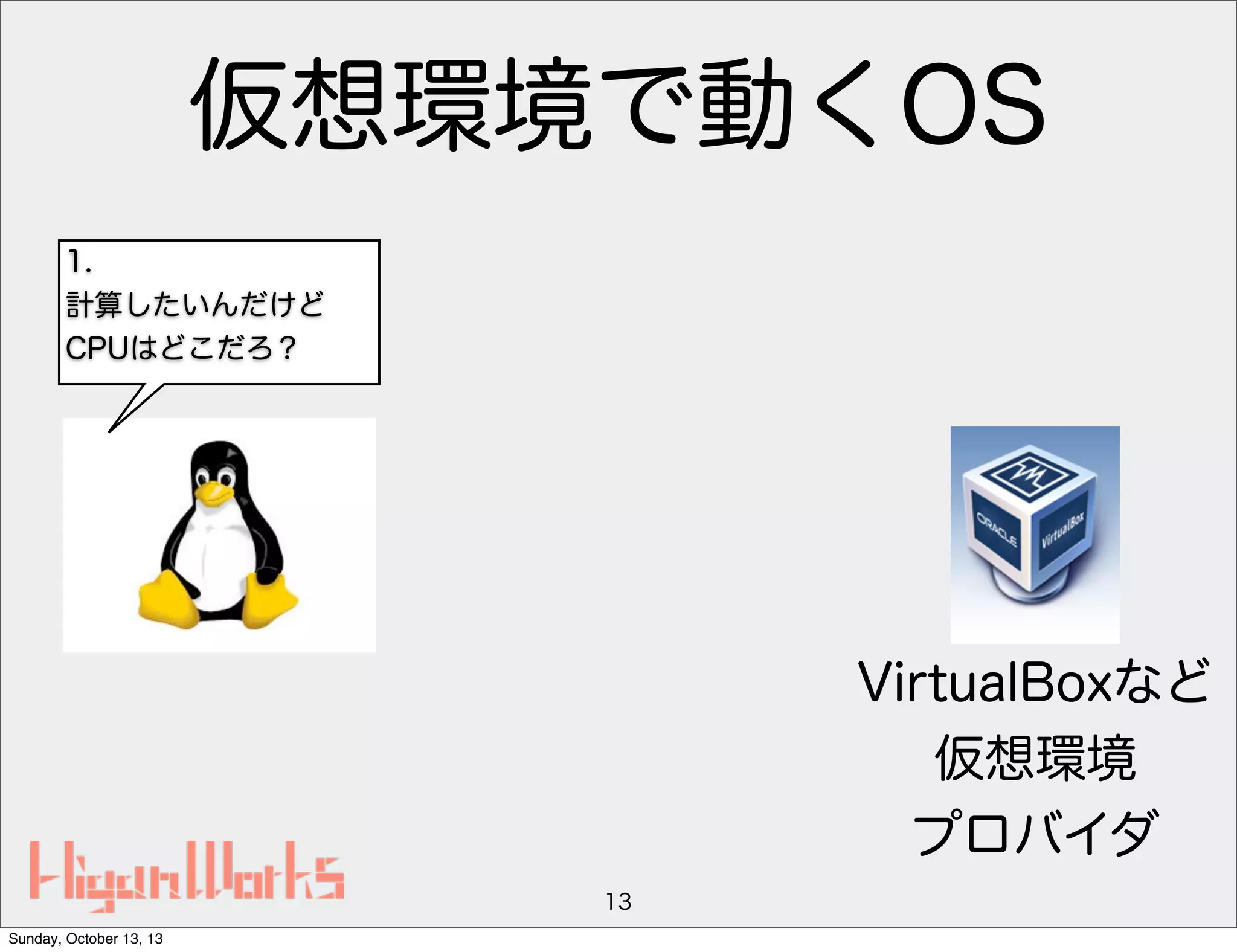 仮想環境で動くOS
1.
計算したいんだけど
CPUはどこだろ？

VirtualBoxなど
仮想環境
プロバイダ
13
Sunday, October 13, 13

 