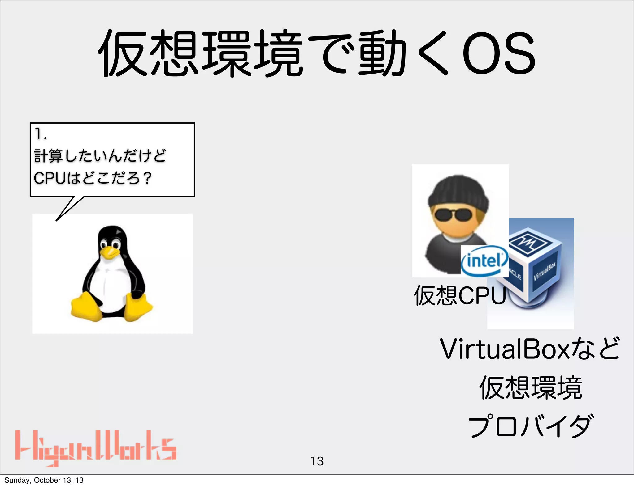 仮想環境で動くOS
1.
計算したいんだけど
CPUはどこだろ？

仮想CPU

VirtualBoxなど
仮想環境
プロバイダ
13
Sunday, October 13, 13

 