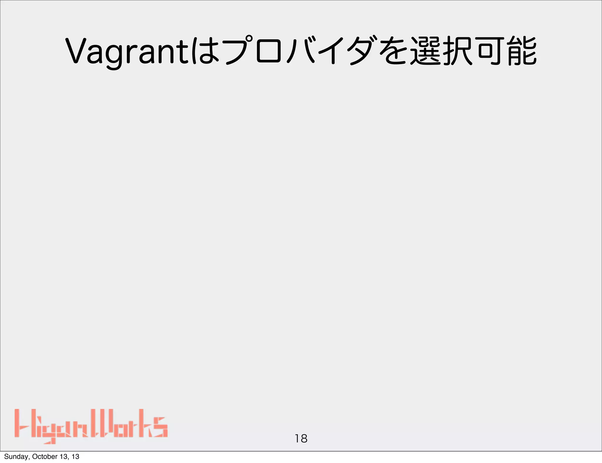 Vagrantはプロバイダを選択可能

18
Sunday, October 13, 13

 