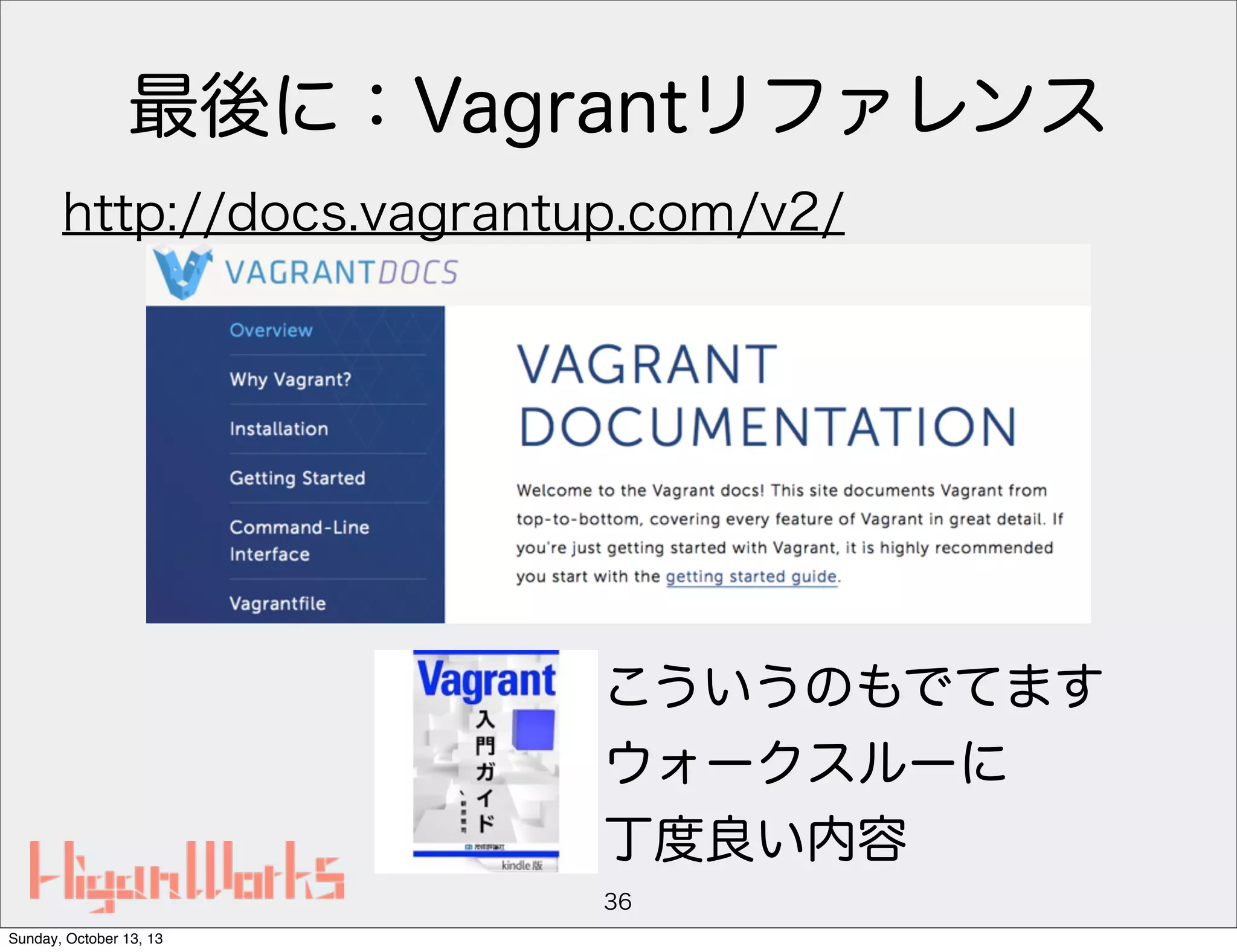 最後に：Vagrantリファレンス
http://docs.vagrantup.com/v2/

こういうのもでてます
ウォークスルーに
丁度良い内容
36
Sunday, October 13, 13

 