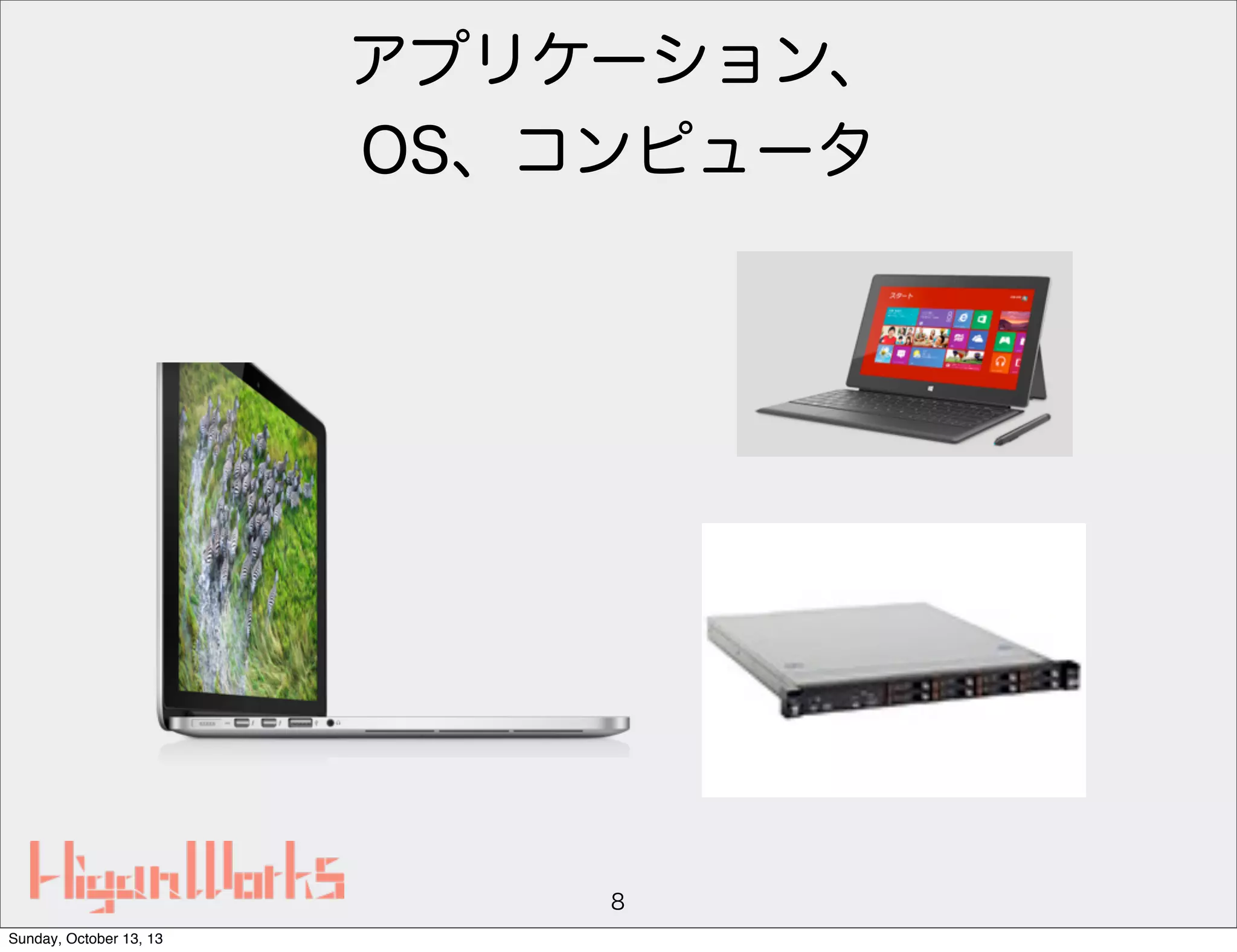 アプリケーション、
OS、コンピュータ

8
Sunday, October 13, 13

 