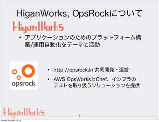 HiganWorks, OpsRockについて

• アプリケーションのためのプラットフォーム構
築/運用自動化をテーマに活動

•
•

http://opsrock.in 共同開発・運営
AWS OpsWorksとChef、インフラの
テストを取り扱うソリューションを提供

2
Sunday, October 13, 13

 