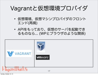 Vagrantと仮想環境プロバイダ

• 仮想環境、仮想マシンプロバイダのフロント
エンド(再掲)

• APIをもっており、仮想のサーバを起動でき

るものなら... (WPとブラウザのような関係)

17
Sunday, October 13, 13

 