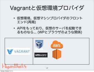 Vagrantと仮想環境プロバイダ

• 仮想環境、仮想マシンプロバイダのフロント
エンド(再掲)

• APIをもっており、仮想のサーバを起動でき

るものなら... (WPとブラウザのような関係)

17
Sunday, October 13, 13

 