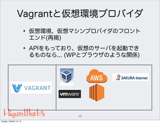 Vagrantと仮想環境プロバイダ

• 仮想環境、仮想マシンプロバイダのフロント
エンド(再掲)

• APIをもっており、仮想のサーバを起動でき

るものなら... (WPとブラウザのような関係)

17
Sunday, October 13, 13

 