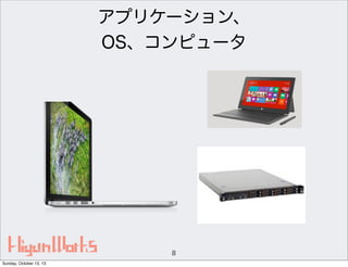 アプリケーション、
OS、コンピュータ

8
Sunday, October 13, 13

 