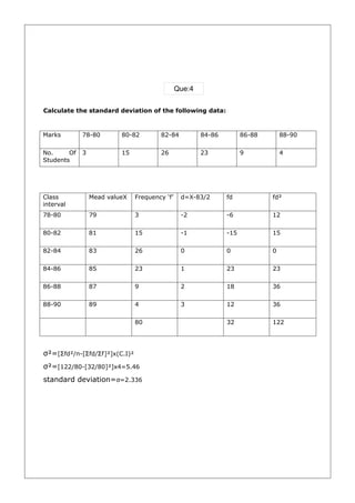 Que:4


Calculate the standard deviation of the following data:



Marks        78-80        80-82        82-84           84-86         86-88       88-90

No.     Of   3            15           26              23            9           4
Students




Class            Mead valueX   Frequency ‘f’    d=X-83/2       fd            fd²
interval
78-80            79            3                -2             -6            12


80-82            81            15               -1             -15           15

82-84            83            26               0              0             0


84-86            85            23               1              23            23

86-88            87            9                2              18            36


88-90            89            4                3              12            36

                               80                              32            122




σ²=[Σfd²/n-[Σfd/Σf]²]x(C.I)²
σ²=[122/80-[32/80]²]x4=5.46
standard deviation=σ=2.336
 